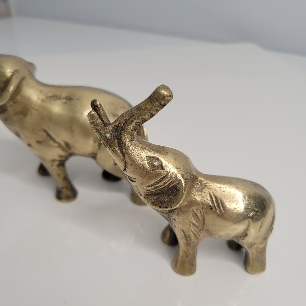 Vintage Brass Elephant Figurines Set of 2 Home‎ Decor Trunk Up Good Luck Charm - Picture 2 of 7